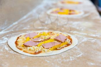 Pizza bases closeup, conveyor, professional food preparation 