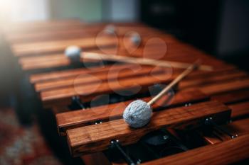 Xylophone with sticks closeup, nobody, wooden percussion instrument, vibraphone