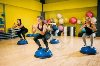 Women group in sportswear exercising on fitness training. Female sport teamwork in gym. Girs doing fit exercise