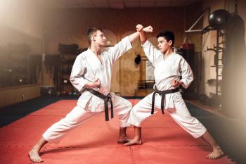 Martial arts masters in white kimono and black belts, self-defence practice in gym