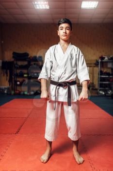 Martial arts, young fighter in white kimono and black belt on workout in gym