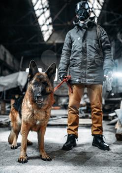 Stalker soldier in gas mask and dog in radioactive zone, friends in post apocalyptic world. Post-apocalypse lifestyle on ruins, doomsday, judgment day