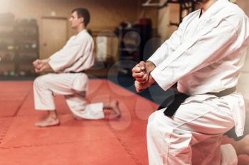 Martial arts karate fighters in white kimono and black belts on workout in gym