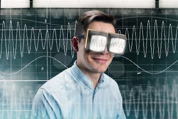 Male person in glasses with radio waves, drawings with electromagnetic pulses on background