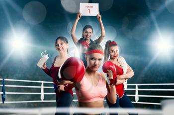 Fighting sport and martial art concept, female boxing. Professional boxers and athletes on the ring