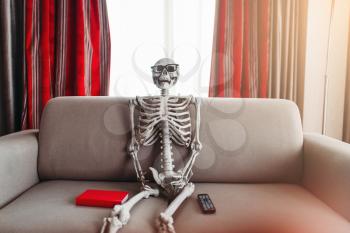 Smiling skeleton in glasses is sitting on couch between book and tv remote control, window and red curtains on background. Funny joke