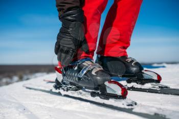 Skier hand fastens the fastening of skis closeup. Winter active sport, extreme lifestyle. Downhill skiing