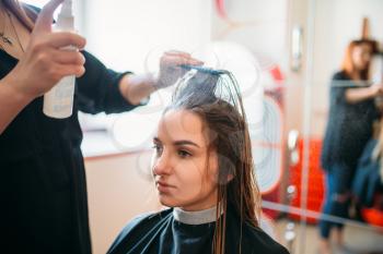 Hairdresser works with spray, female hairdress in hairdressing salon. Hairstyle making in beauty studio