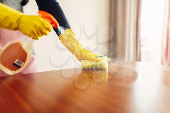 Housemaid hands in gloves cleans the table with a cleaning spray, hotel room interior on background. Professional housekeeping, charwoman