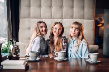 Three attractive girlfriends having lunch in cafe. Female friends sitting in restaurant and drinks coffee, gossipers meeting