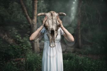 Female victim in white dress with skull of the animal instead of the head, forest on background. Photo in horror style, exorcism