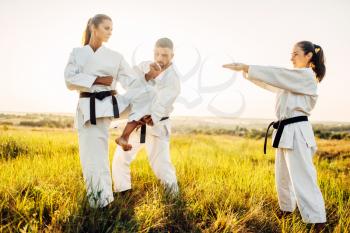 Master teaches female karate fighters the correct stand when kicking. Martial art workout outdoor, technique practice