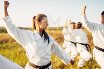 Karate group with master in white kimono, workout in summer field. Martial art training outdoor, technique practice