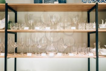 A shelf of glassware for the table setting, nobody. Serving service, festive dinner decoration