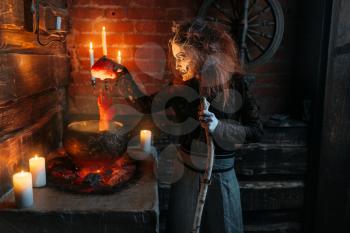 Scary witch reads spell over the pot with human body parts, dark powers of witchcraft, spiritual seance with candles. Female foreteller calls the spirits, terrible future teller