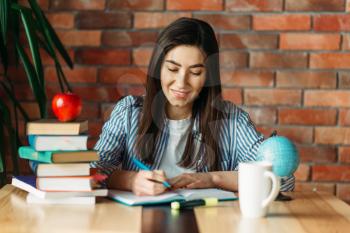 Female university student sitting at the table with textbooks and apple on the top, brick wall on background, knowledge concept
