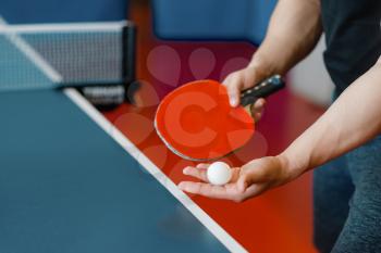 Male person hands with ping pong racket and ball, workout indoors. Man in sportswear standing at the table with net, training in table-tennis club