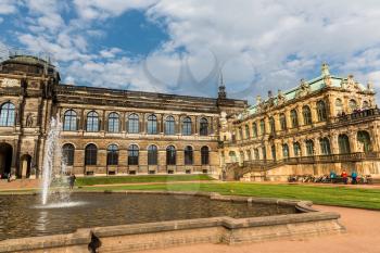 Galleries and museums in Dresdner Zwinger, view on fountain. Late Baroque and neo-Renaissance architectural complex with internal garden