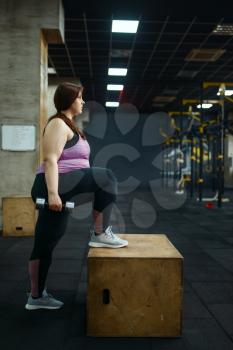 Overweight woman poses with dumbbells in gym, side view, active training. Obese female person struggles with excess weight, aerobic workout against obesity, sport club