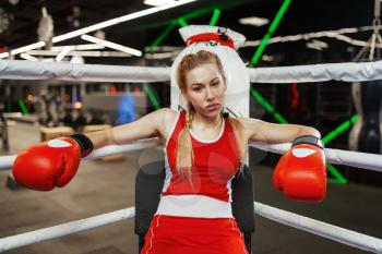 Woman in red gloves sitting in the corner of the boxing ring, box training. Female boxer in gym, kickboxing sparring in sport club, punches practice