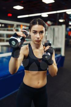 Woman doing exercise with dumbbells, box training, boxing ring on background. Female boxer in gym, girl kickboxer in sport club, kickboxing workout
