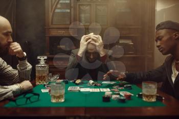 Poker player spend all money in casino, risk. Games of chance addiction, gambling house. Men leisures with whiskey and cigars
