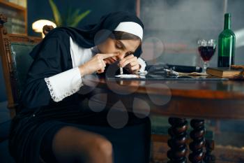 Sexy nun in a cassock sniffing cocaine, vicious desires. Corrupt sister in the monastery, religion and faith, sinful religious people, attractive sinner