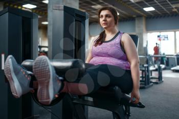 Overweight woman pumps press, exercise in gym, active training. Female person struggles with excess weight, aerobic workout against obesity, sport club