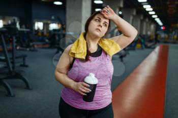 Overweight woman drinks diet cocktail in gym, active training. Obese female person struggles with excess weight, aerobic workout against obesity, sport club