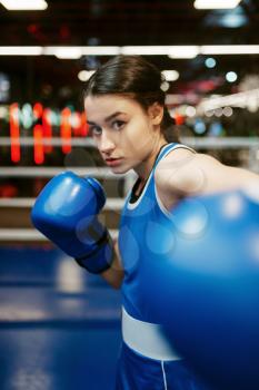 Woman in blue boxing gloves hits in camera, box training on ring. Female boxer in gym, kickboxing sparring in sport club, girl kickboxer workout