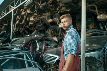 Male mechanic at the stack of cars on junkyard. Auto scrap, vehicle junk, automobile garbage. Damaged and crushed transport, scrapyard