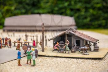 Viking settlement miniature outdoor, forging shop, europe. Ancient european village, medieval Scandinavia, traditional scandinavian architecture, diorama