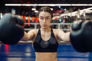 Woman in black boxing gloves holds out her hands, front view, box training in the ring. Female boxer in gym, girl kickboxer in sport club, punches practice
