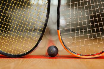 Two squash rackets and ball on court floor, nobody, game concept. Active sport hobby, fitness workout for healthy lifestyle