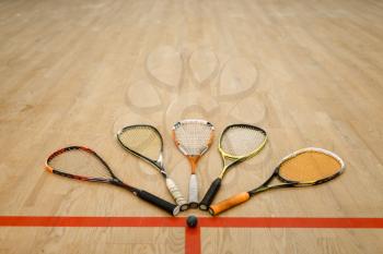 Squash rackets and ball on court floor, nobody. Active sport hobby, fitness workout for healthy lifestyle