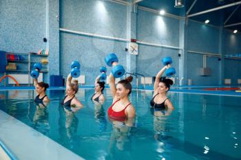 Female group on aqua aerobics, exercise with dumbbells in the pool. Women in the water, sport swimming fitness workout