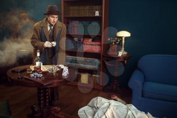 Male detective with cap of coffee at the crime scene, retro style. Criminal investigation, inspector is working on a murder, vintage room interior on background