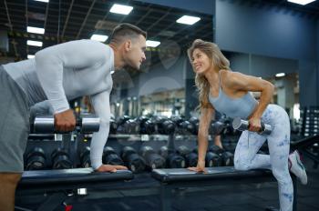 Slim couple doing exercise with dumbbells, training in gym. Athletic man and woman on workout in sport club, active healthy lifestyle, physical wellness