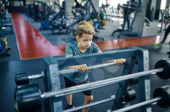 Youngster doing exercise with bar in gym. Boy on fitness training in sport club, healthcare and healthy lifestyle, schoolboy on workout, sportive youth