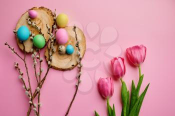 Blooming willow branch, tulips and easter eggs on wooden coasters, pink background. Spring tree blossom and paschal food, fresh floral decoration for holiday celebration, event symbol