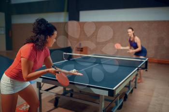 Women play ping pong match, table tennis players. Friends playing table-tennis indoors, sport game with racket and ball, active healthy lifestyle