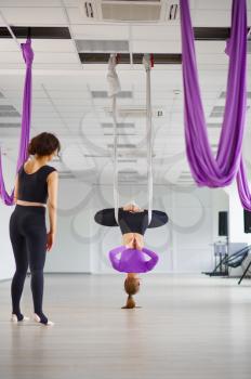 Aerial yoga, woman and female instructor, training with hammocks. Fitness, pilates and dance exercises mix. Women on yogi workout in sports studio