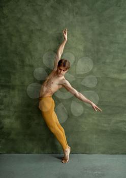 Male ballet dancer, training in dancing class, grunge wall on background. Performer with muscular body, grace and elegance of movements