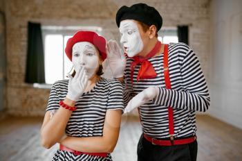 Mime artists, gesture scene, parody comedy. Pantomime theater, comedian, positive emotion, humour performance, funny face mimic and grimace