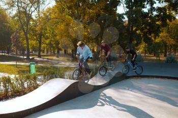 Three bmx riders on bikes, training in skatepark. Extreme bicycle sport, dangerous cycle exercise, street riding, teens biking in summer park
