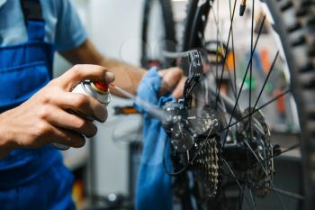 Bicycle repair in workshop, man cleans star cassette closeup. Mechanic in uniform fix problems with cycle, professional bike repairing service