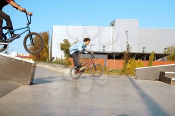 Two male bmx bikers doing tricks in skatepark. Extreme bicycle sport, dangerous cycle exercise, street riding, biking in the park