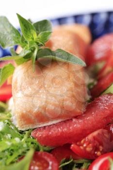 Salmon fillet with salad greens and red orange - detail