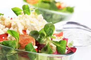 Salad with pieces of chicken and feta cheese