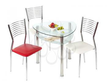 Glass dining table and three metal chairs